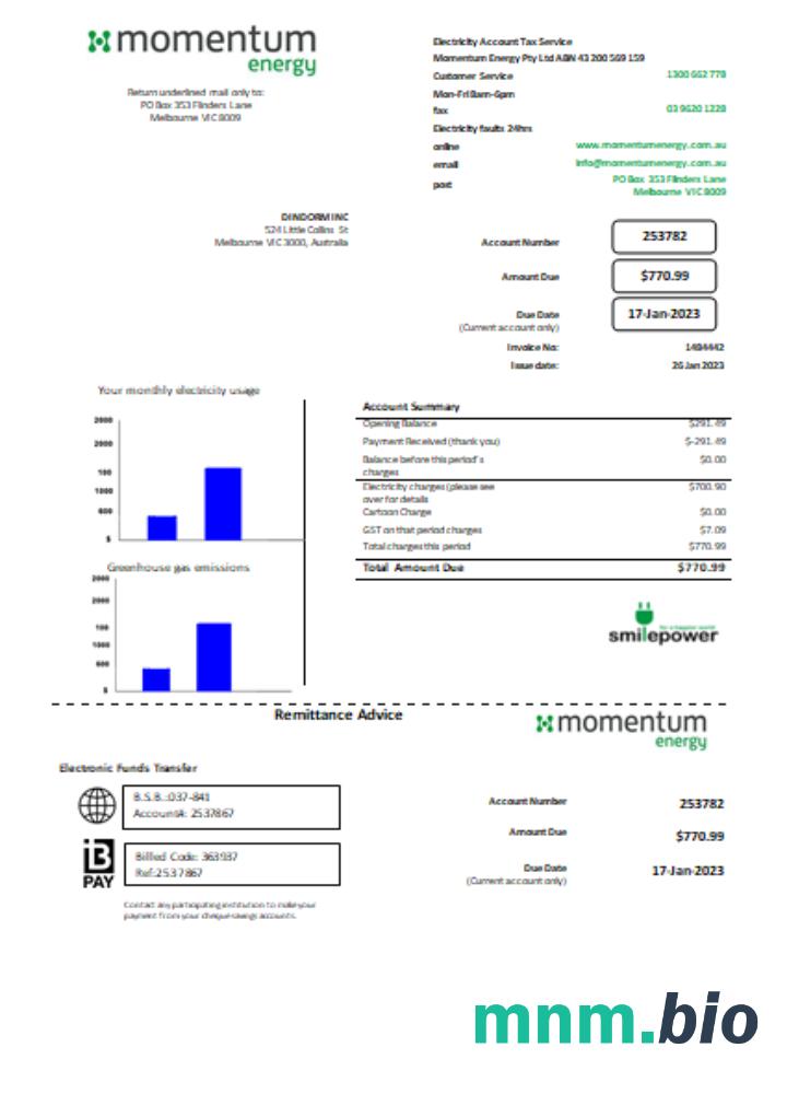 Momentum Energy rachunek za usługi komunalne